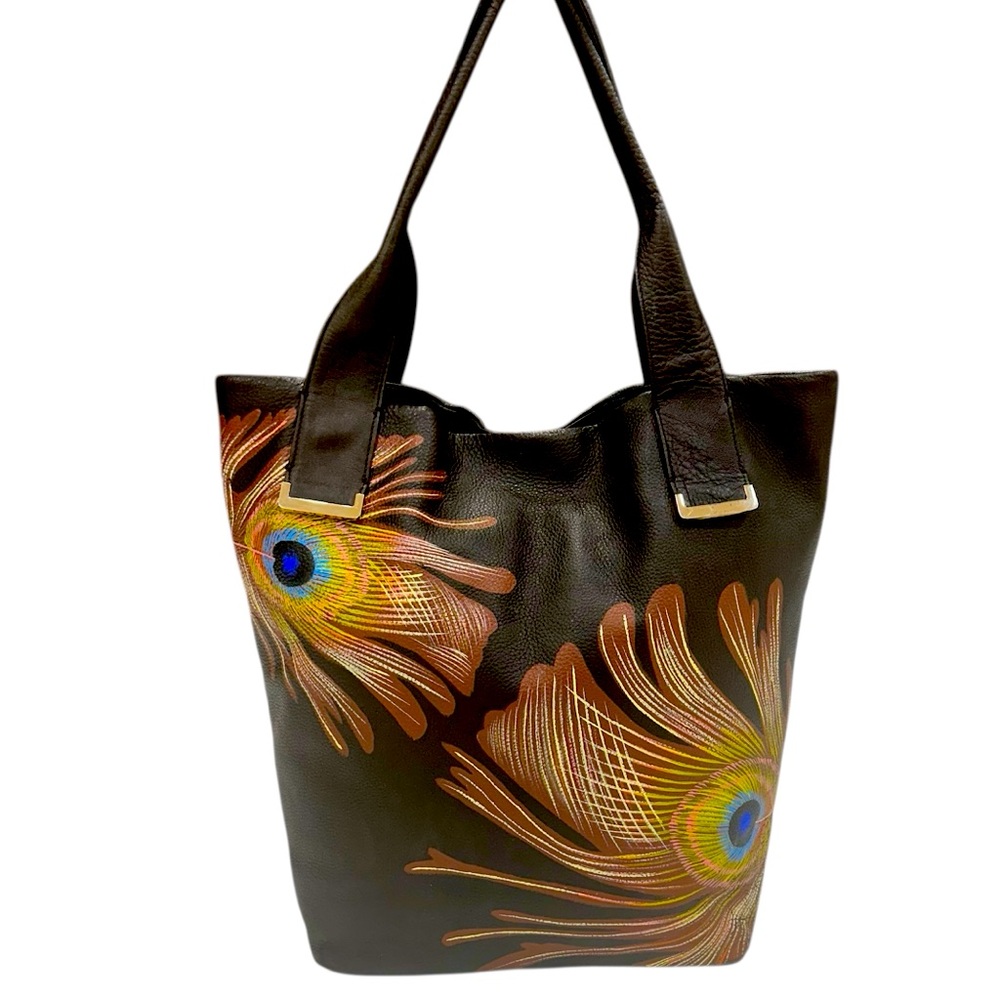 Elliott Lucca Intreccio Hand painted Peacock Feather Dark Brown Leather Tote